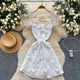 3D Floral Embroidery Spaghetti Strap Cinched Waist Summer Dress