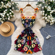 3D Floral Embroidery Spaghetti Strap Cinched Waist Summer Dress