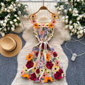 3D Floral Embroidery Spaghetti Strap Cinched Waist Summer Dress