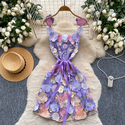 3D Floral Embroidery Spaghetti Strap Cinched Waist Summer Dress