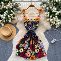 3D Floral Embroidery Spaghetti Strap Cinched Waist Summer Dress
