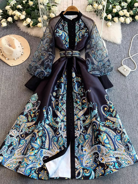 vintage Mesh Spliced Printed Lantern Sleeve Dress