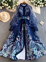 vintage Mesh Spliced Printed Lantern Sleeve Dress