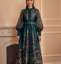 vintage Mesh Spliced Printed Lantern Sleeve Dress