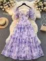 floral Square Neck Puff Sleeve Chiffon Long Dress