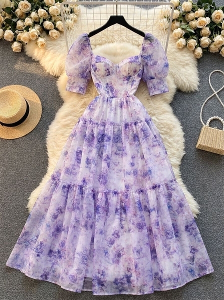 floral Square Neck Puff Sleeve Chiffon Long Dress
