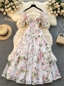 floral Square Neck Puff Sleeve Chiffon Long Dress