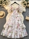 floral Square Neck Puff Sleeve Chiffon Long Dress