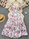 floral Square Neck Puff Sleeve Chiffon Long Dress