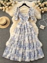 floral Square Neck Puff Sleeve Chiffon Long Dress