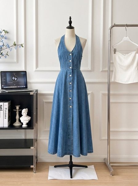 blue elegant Halter Neck Sleeveless Denim Dress
