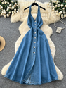 blue elegant Halter Neck Sleeveless Denim Dress