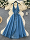 blue elegant Halter Neck Sleeveless Denim Dress