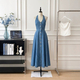 blue elegant Halter Neck Sleeveless Denim Dress