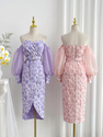 purple Embossed Jacquard Lantern Sleeve Long Dress With Pearl Buttons