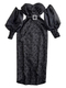 purple Embossed Jacquard Lantern Sleeve Long Dress With Pearl Buttons