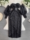 purple Embossed Jacquard Lantern Sleeve Long Dress With Pearl Buttons