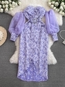 purple Embossed Jacquard Lantern Sleeve Long Dress With Pearl Buttons