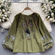 bohemian Vintage Embroidered Print Long Sleeve Shirt Women Loose Casual French Style Doll Top