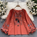 bohemian Vintage Embroidered Print Long Sleeve Shirt Women Loose Casual French Style Doll Top