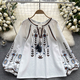 bohemian Vintage Embroidered Print Long Sleeve Shirt Women Loose Casual French Style Doll Top