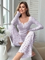 women's Long Sleeve Floral Pajama Set With Rolled Edge Trim