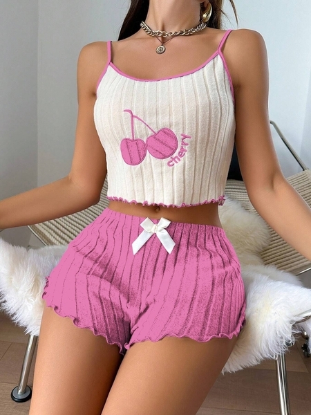 embroidered Brushed Cami Vest And Shorts Pajama Set