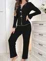 women's Turn-Down Collar Bow Pajama Set Long Sleeve Loungewear