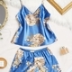 satin Cami Nightdress Set Women V-Neck Printed Loungewear