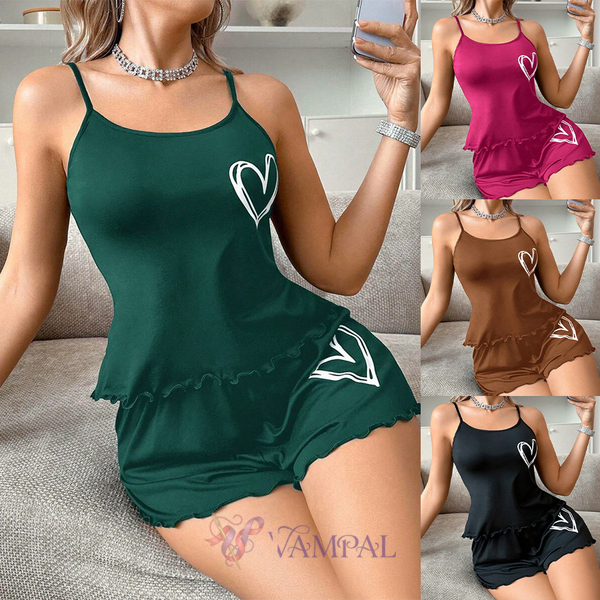 heart Print Cami Top And Shorts Pajama Lounge Set