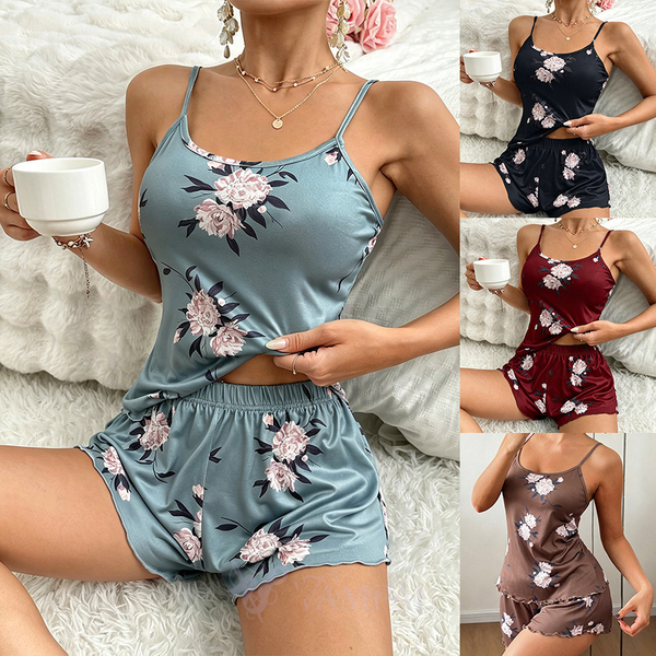 women's Ice Silk Pajama Set Floral Print Two-Piece