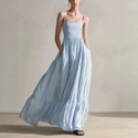 striped Woven Sleeveless Spaghetti Strap Long Dress