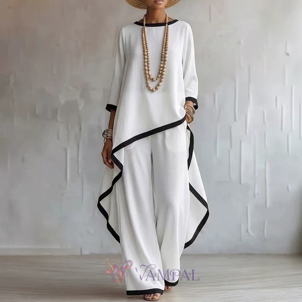 cotton-Linen Irregular Long-Sleeve Top And Wide-Leg Pants Two-Piece Set