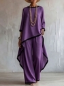 cotton-Linen Irregular Long-Sleeve Top And Wide-Leg Pants Two-Piece Set