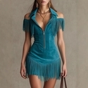 retro Suede Fringe Off-Shoulder Mini Dress