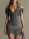 retro Suede Fringe Off-Shoulder Mini Dress