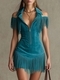retro Suede Fringe Off-Shoulder Mini Dress