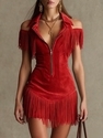 retro Suede Fringe Off-Shoulder Mini Dress