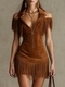 retro Suede Fringe Off-Shoulder Mini Dress