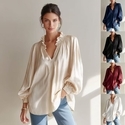 women's Ruched V-Neck Lantern Sleeve Top With Wooden Ear Trim