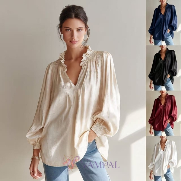 women's Ruched V-Neck Lantern Sleeve Top With Wooden Ear Trim