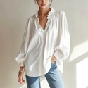 women's Ruched V-Neck Lantern Sleeve Top With Wooden Ear Trim