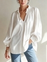 women's Ruched V-Neck Lantern Sleeve Top With Wooden Ear Trim