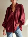 women's Ruched V-Neck Lantern Sleeve Top With Wooden Ear Trim