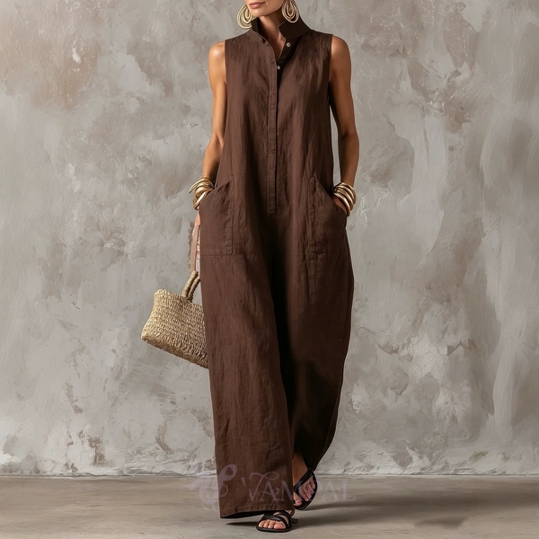 sleeveless Linen Wide-Leg Jumpsuit With Stand Collar