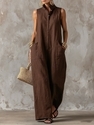 sleeveless Linen Wide-Leg Jumpsuit With Stand Collar