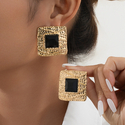 golden retro Black Square Gold-Rimmed Stud Earrings For Women
