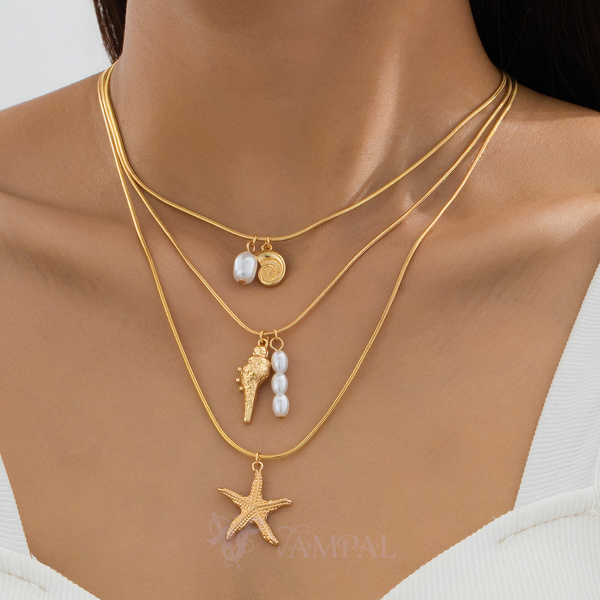 golden yellow ocean Shell Starfish Necklace Set For Women
