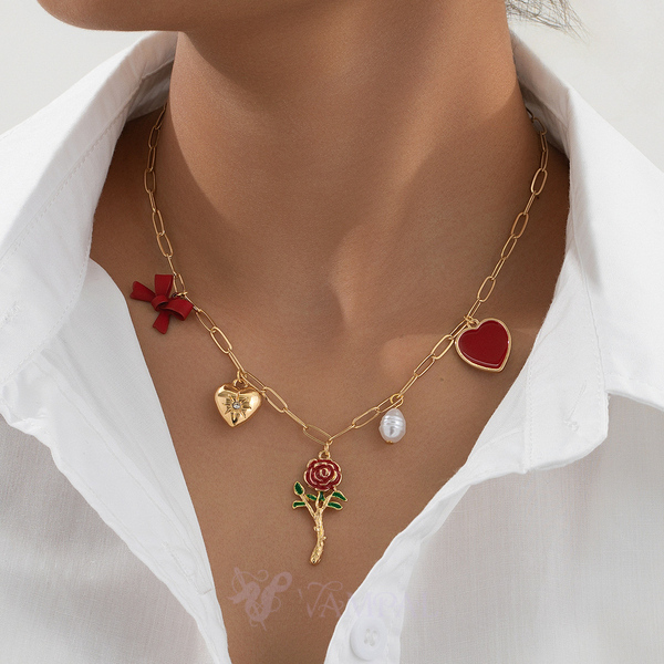 gold necklace elegant Red Heart Faux Pearl Bow Necklace For Women