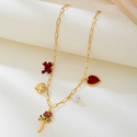 gold necklace elegant Red Heart Faux Pearl Bow Necklace For Women